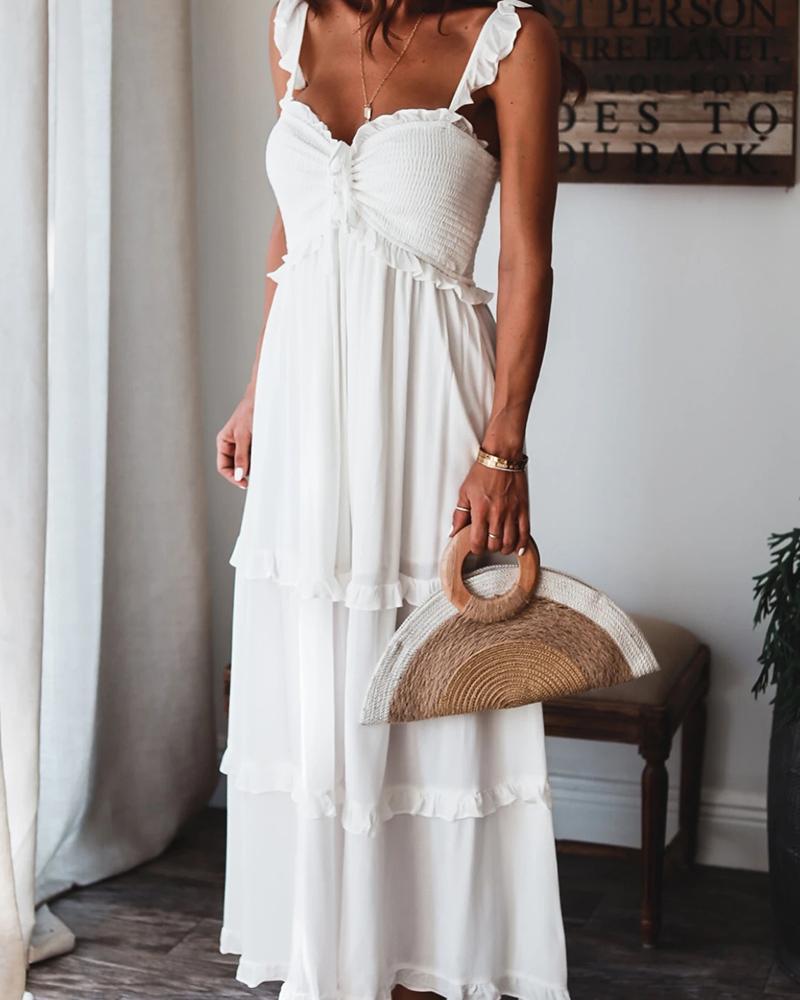 

Ruffles Frill Hem Shirred Drawstring Maxi Dress, White