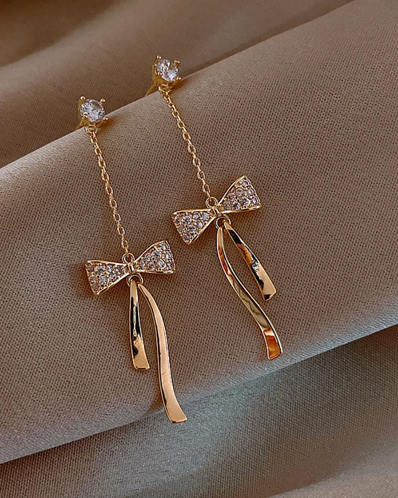 

Bowknot Pattern Studded Drop Earrings, Gold