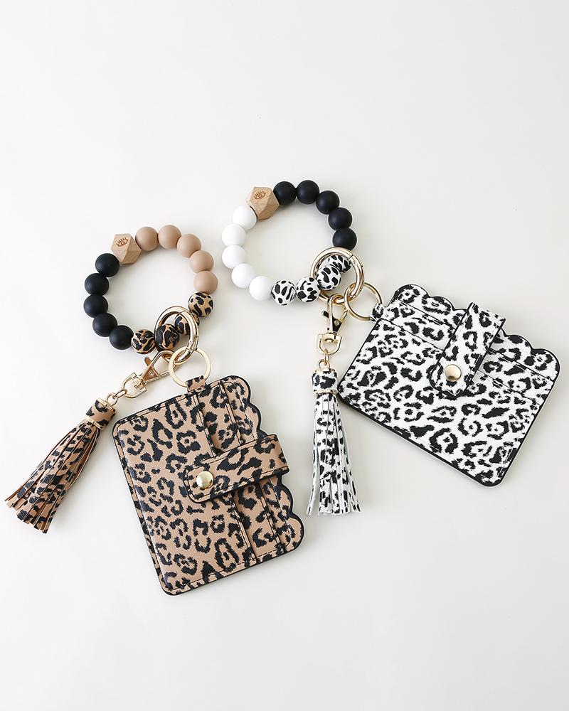 

Tassel Beaded Cheetah Print Purse Bag Accessories Key Ring, White