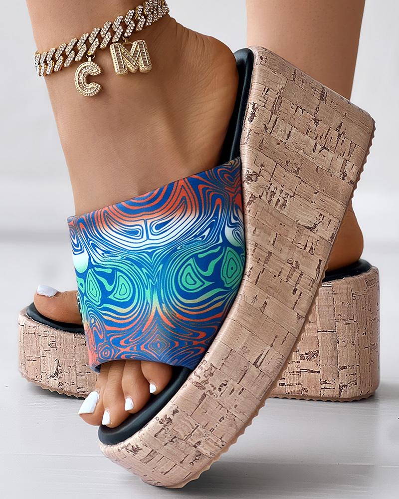 

Abstract Peep Toe Platform Wedge Slippers, Multicolor