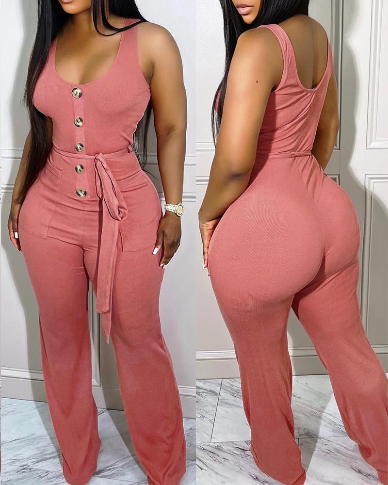 

Button Decor U-Neck Sleeveless Belted Jumpsuit, Pink