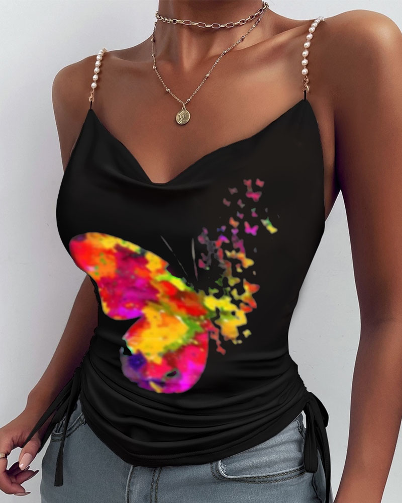 

Beaded Decor Butterfly Print Drawstring Top, Black