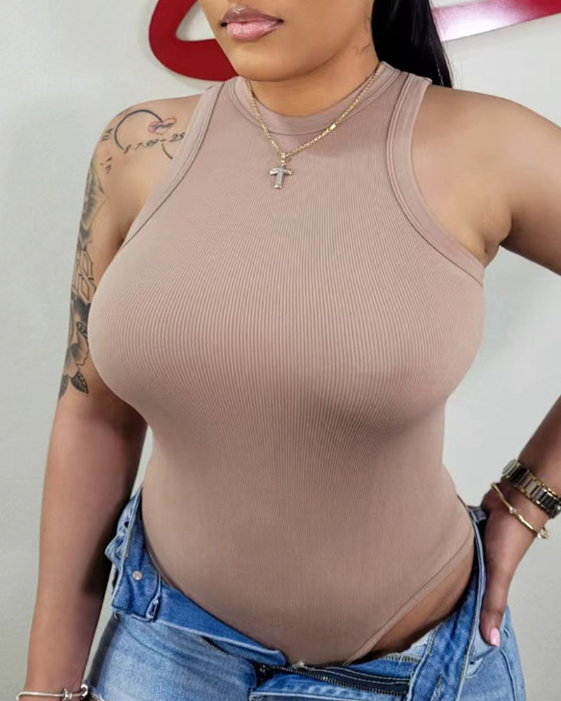 

Crew Neck Sleeveless Basics Bodysuit, Brown