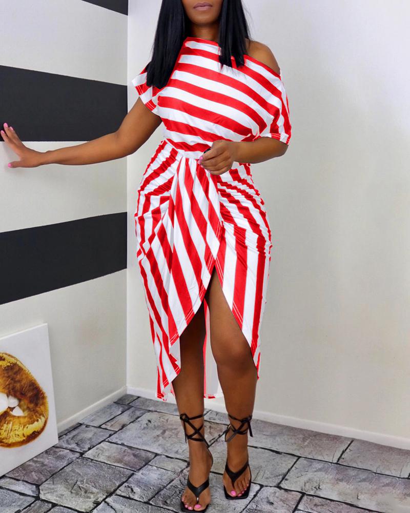

Plus Size Cold Shoulder Striped Print Ruched Casual Dress, Red