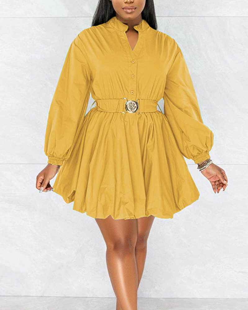 

Lantern Sleeve Button Front Belted Shirt Dress, Yellow