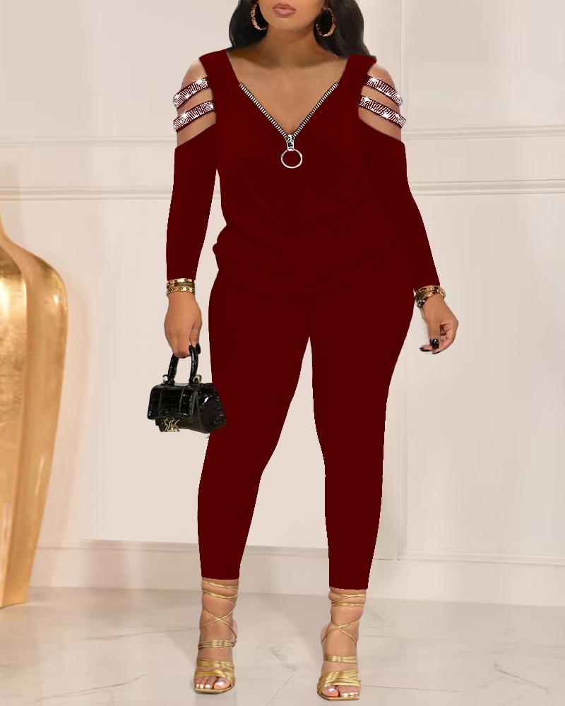 

Plus Size Cold Shoulder Rhinestone Top & Pants Set, Wine red