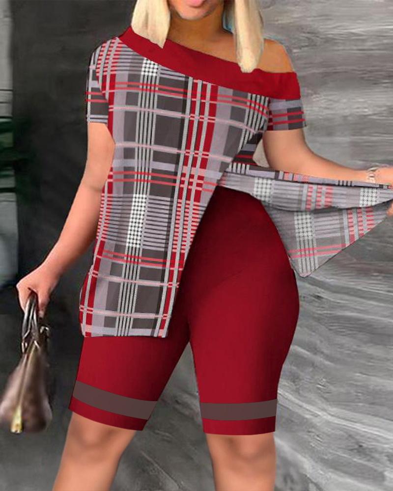

Plaid Print Split Hem Top & Shorts Set, Red