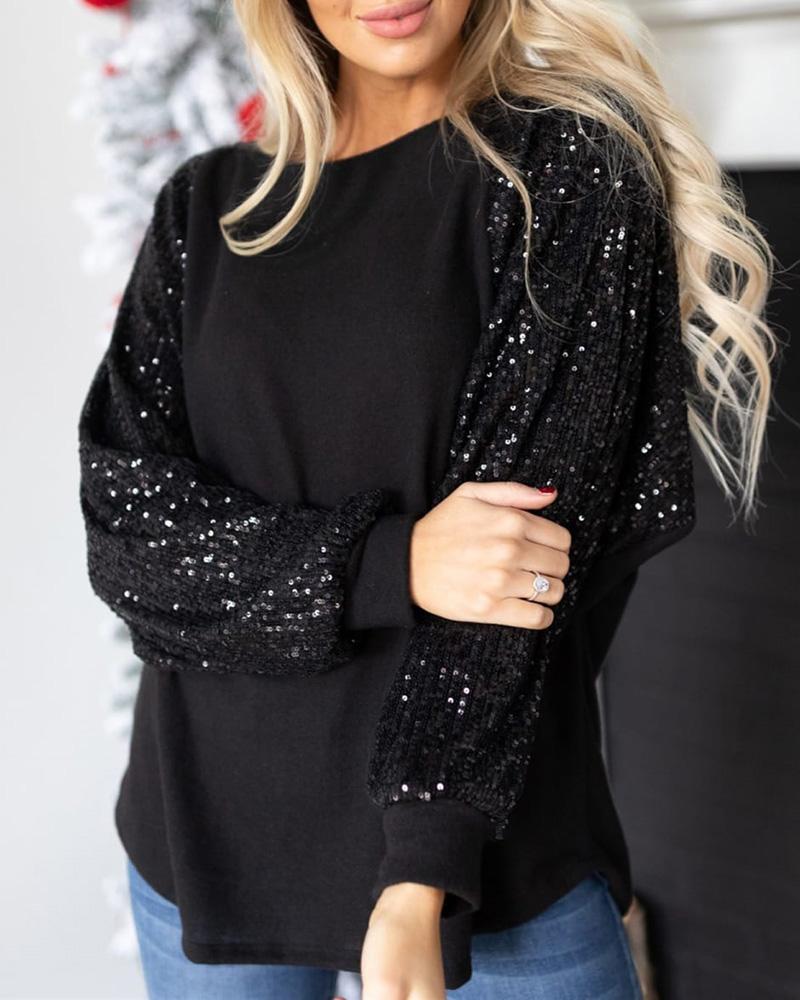 

Contrast Sequin Lantern Sleeve Top, Black
