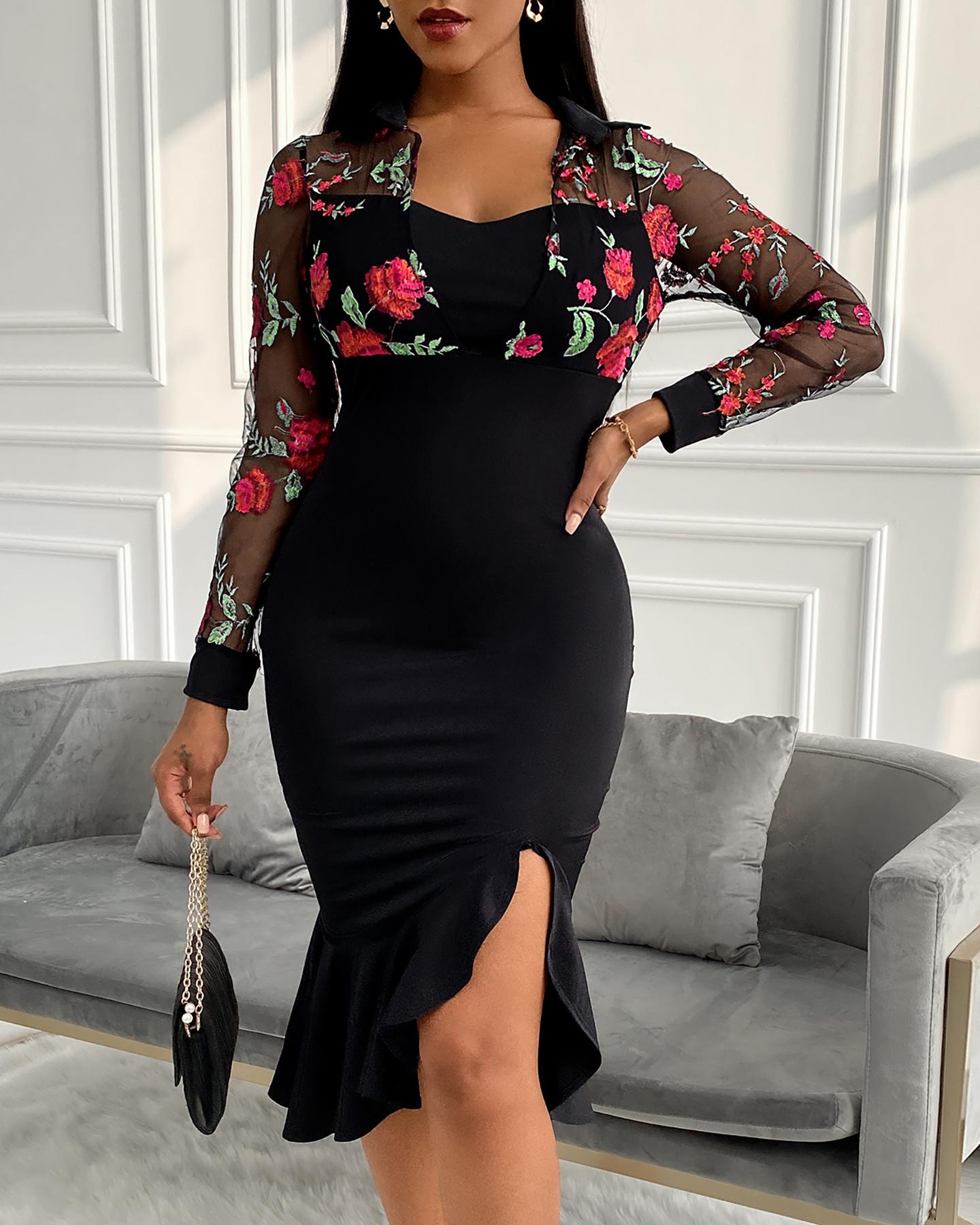 

Floral Embroidery Sheer Mesh Slit Ruffles Party Dress, Black