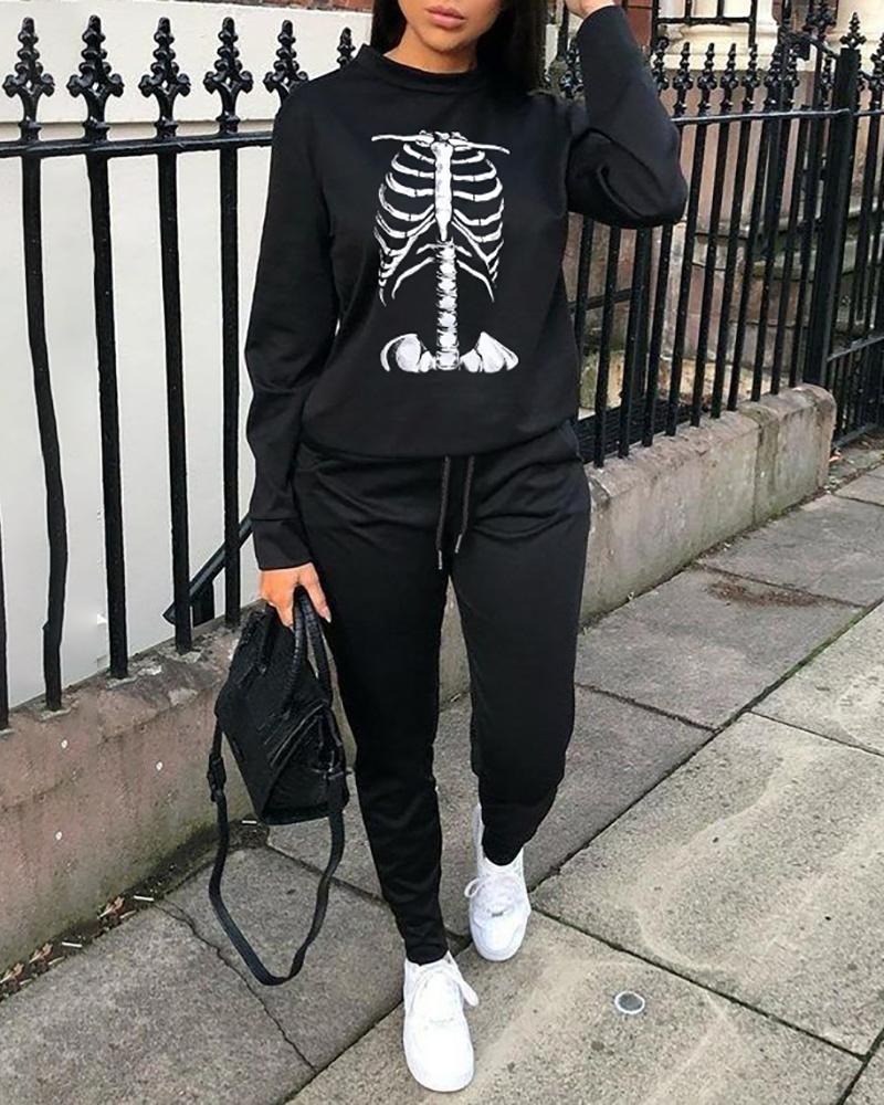 

Skeleton Print Sweatshirt & Drawstring Pocket Design Pants Set, Black