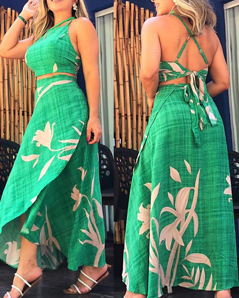 

Plants Print Crisscross Back Top & Wrap Skirt Set, Green