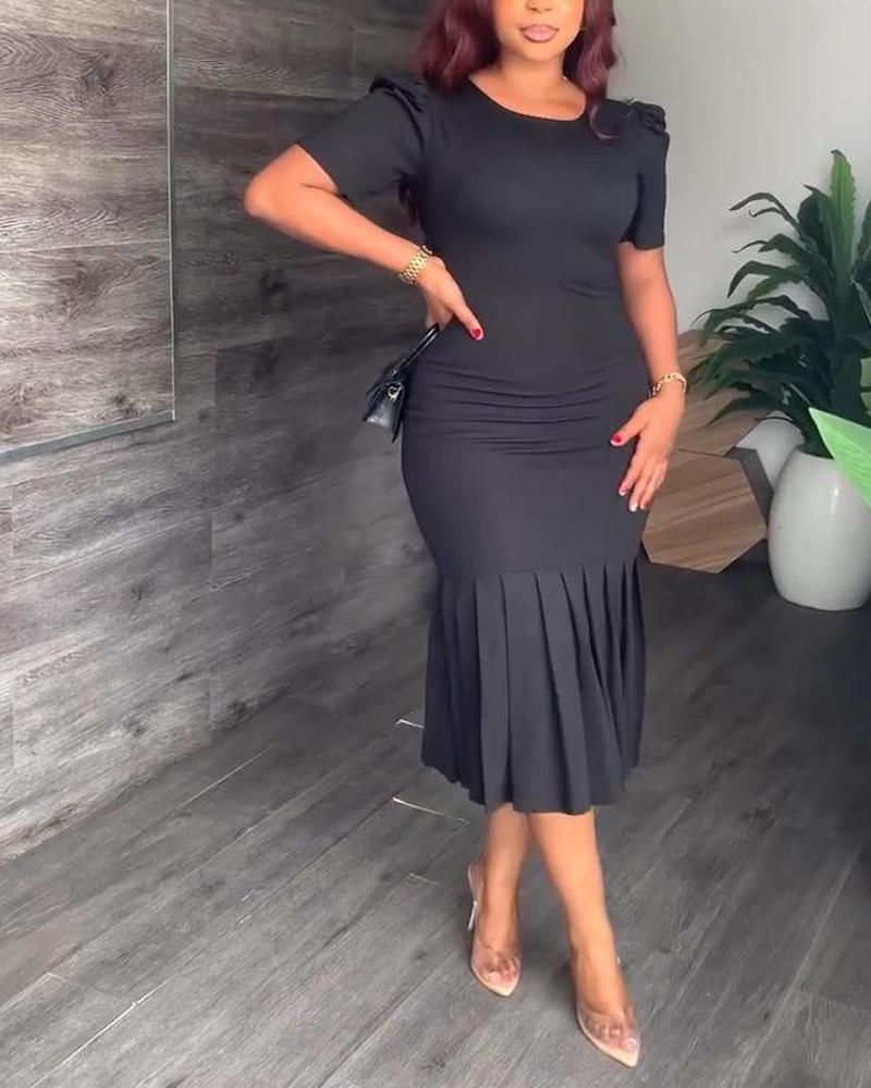 

Round Neck Puff Sleeve Pleated Work Dress, Black