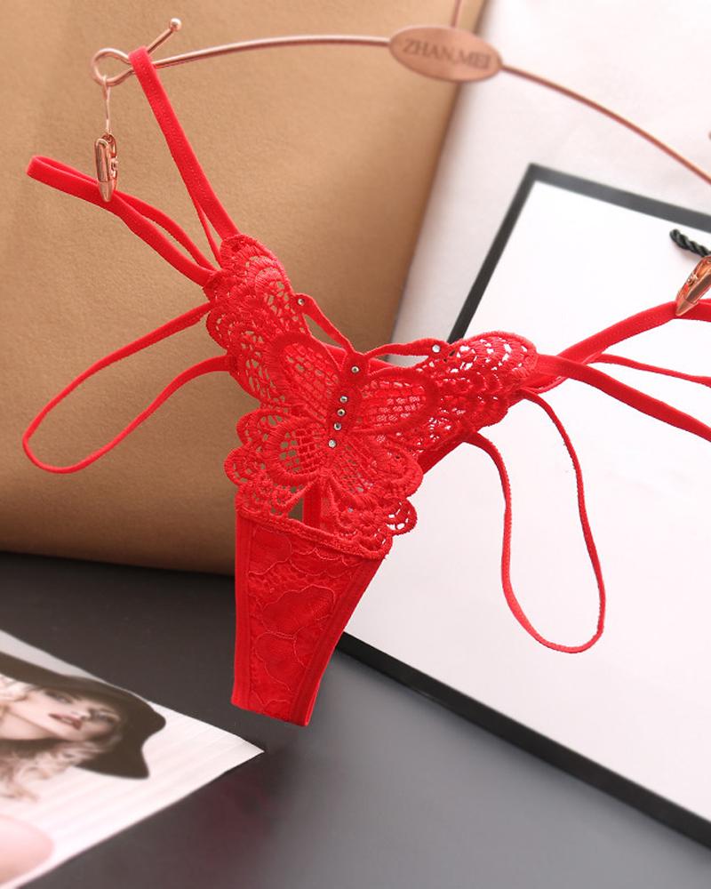 

Solid Color Splicing Lace Sexy Bownot Hollow-out Thongs, Red