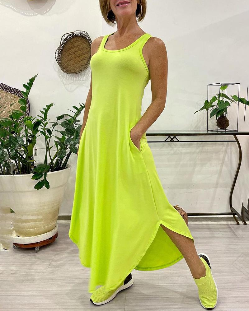 

U-Neck Pocket Design Casual Tank Dress, Yellow