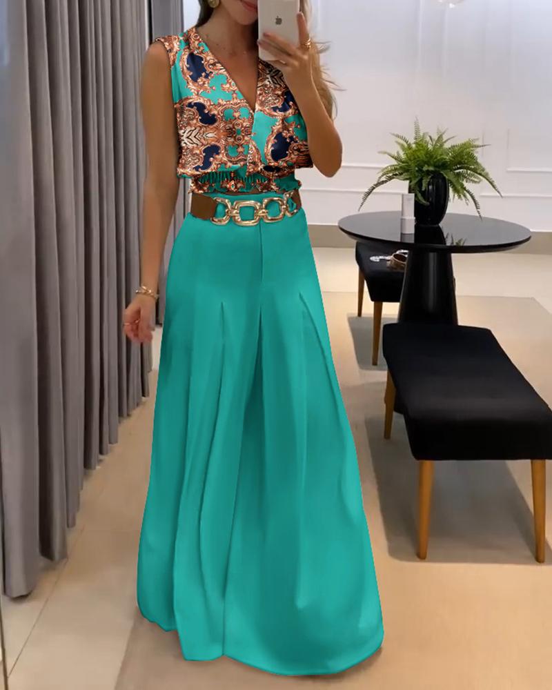 

Baroque Print Shirred Wrap Top & Wide Leg Pants Set, Green