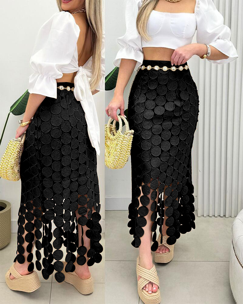 

Jupe longue moulante à pompons style bohème ajourés, Black