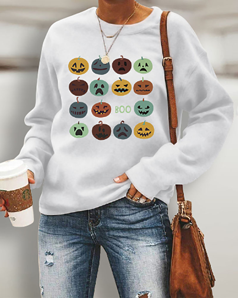 

Halloween Pumpkin Print Long Sleeve Casual Sweatshirt, White