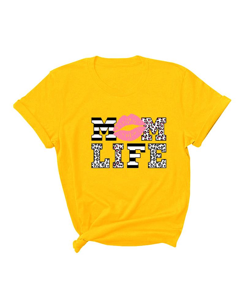 

Mother's Day Lip Letter Cheetah Print Short Sleeve T-Shirt, Yellow