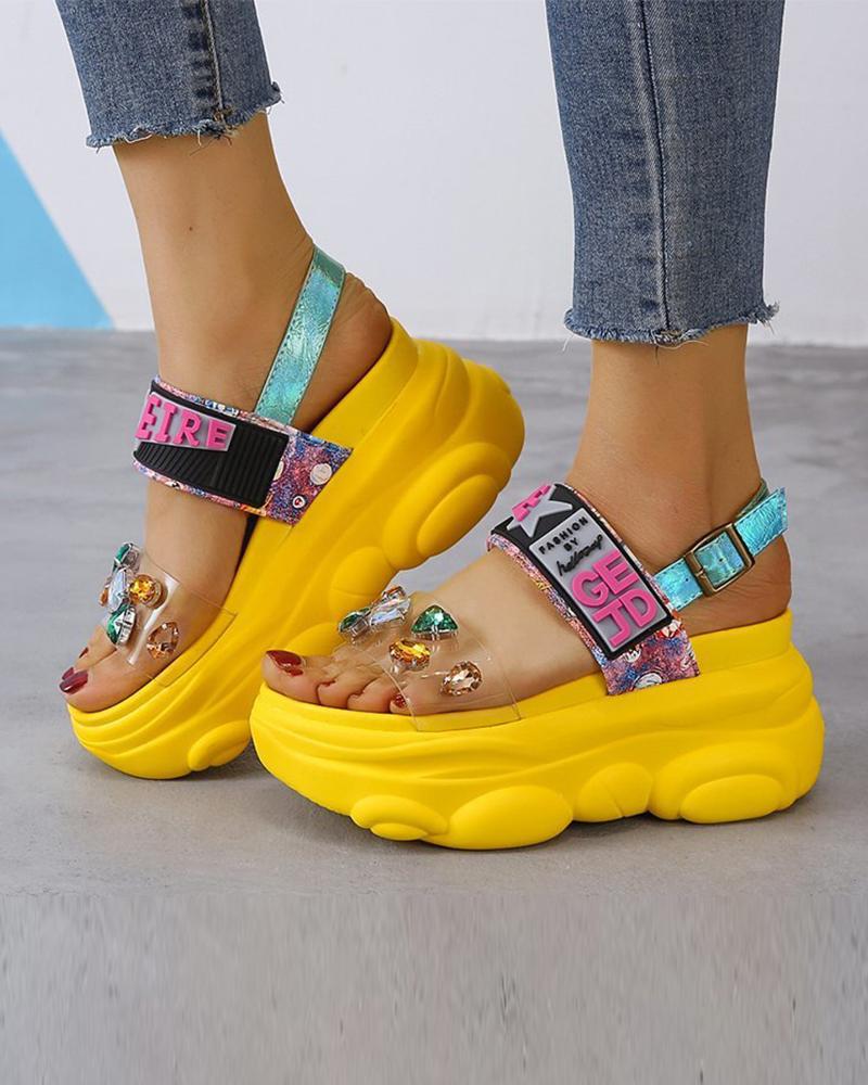 

Round-toe Double-belts Splicing Multicolor Rhinestone Platform Slippers, Yellow