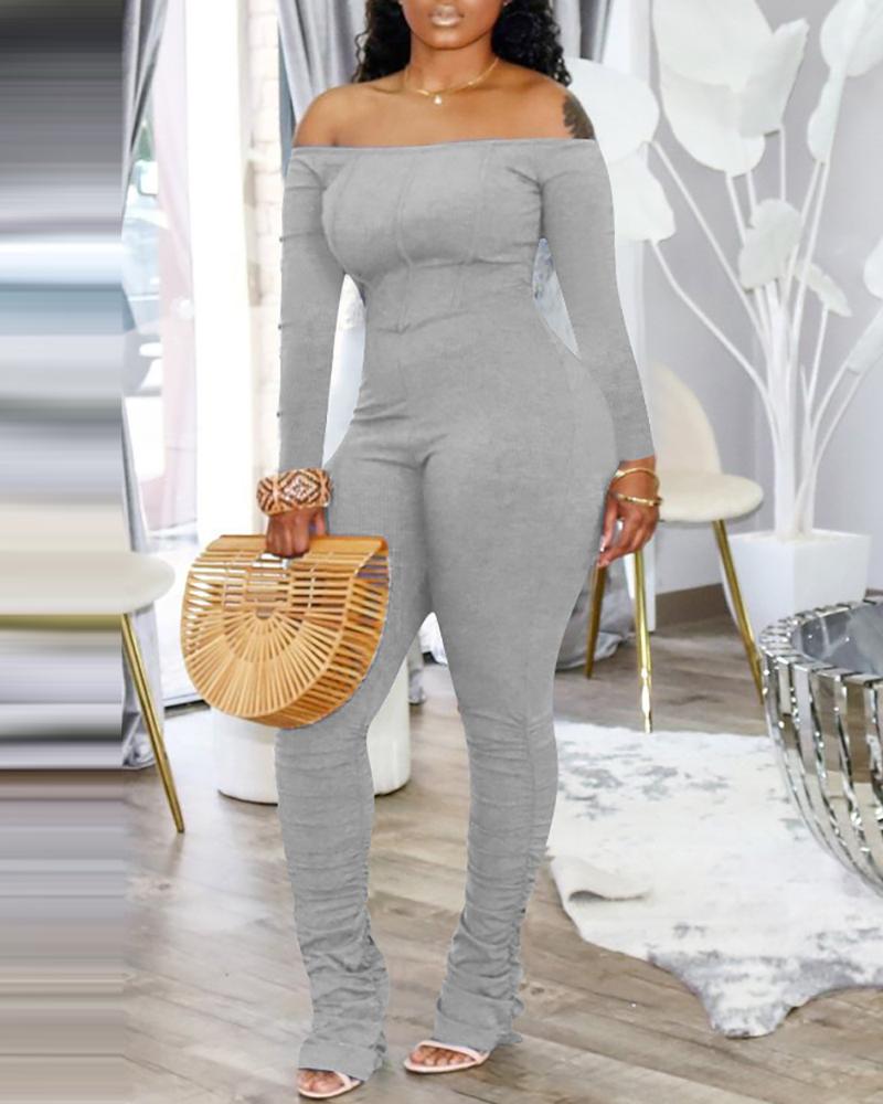 

Off Shoulder Solid Long Sleeve Jumpsuit, Gray