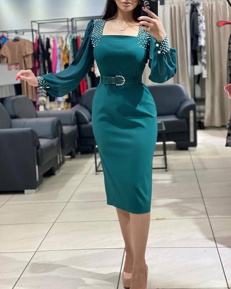

Pearls Decor Lantern Sleeve Party Dress With Belt, Green