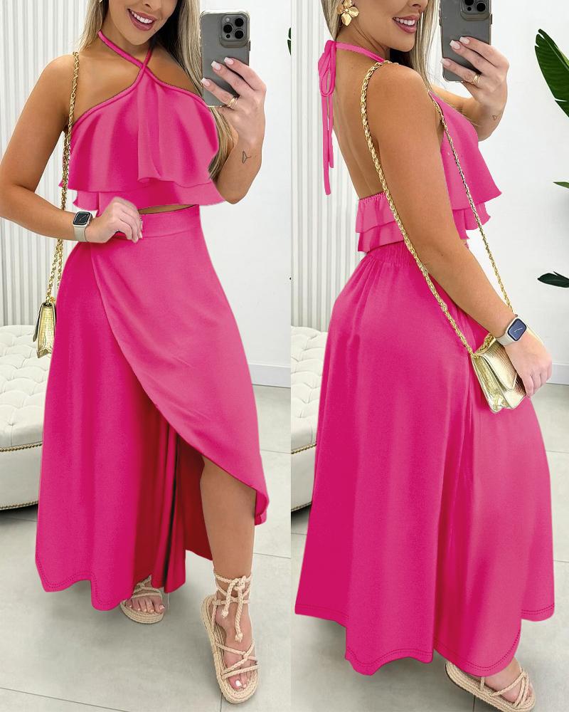 

Conjunto de top frente única e saia com fenda com detalhes amarrados, Hot pink