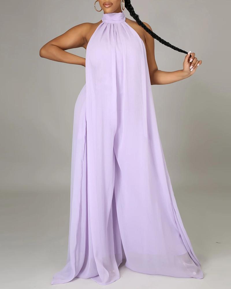 

Sleeveless Halter Backless Wide Leg Jumpsuit, Light purple
