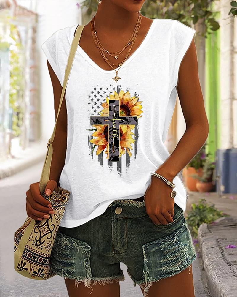 

Independence Day Flag Sunflower Cross Faith Print Cap Sleeve T-shirt, White