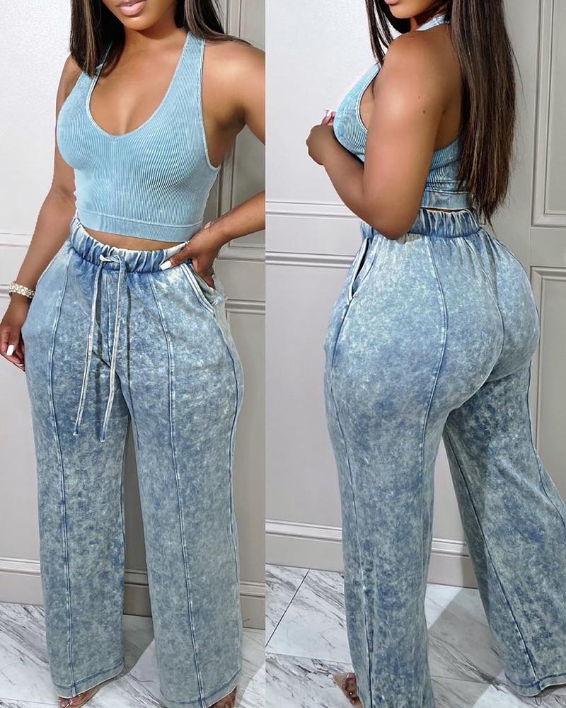 High Waist Pocket Decor Washed Pants