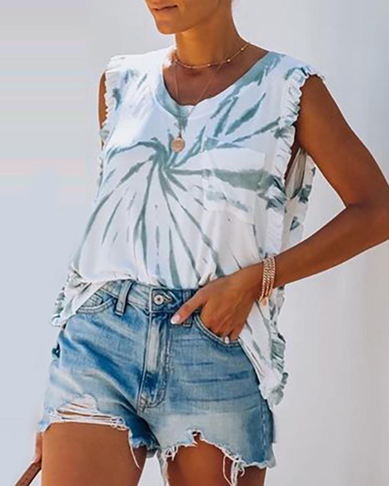 

Tie Dye Print Frill Hem Sleeveless Top, Green