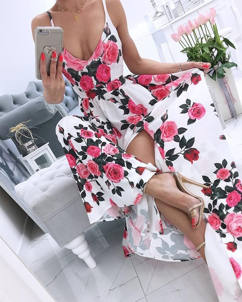 

Spaghetti Strap Floral Print High Slit Maxi Dress, Pink