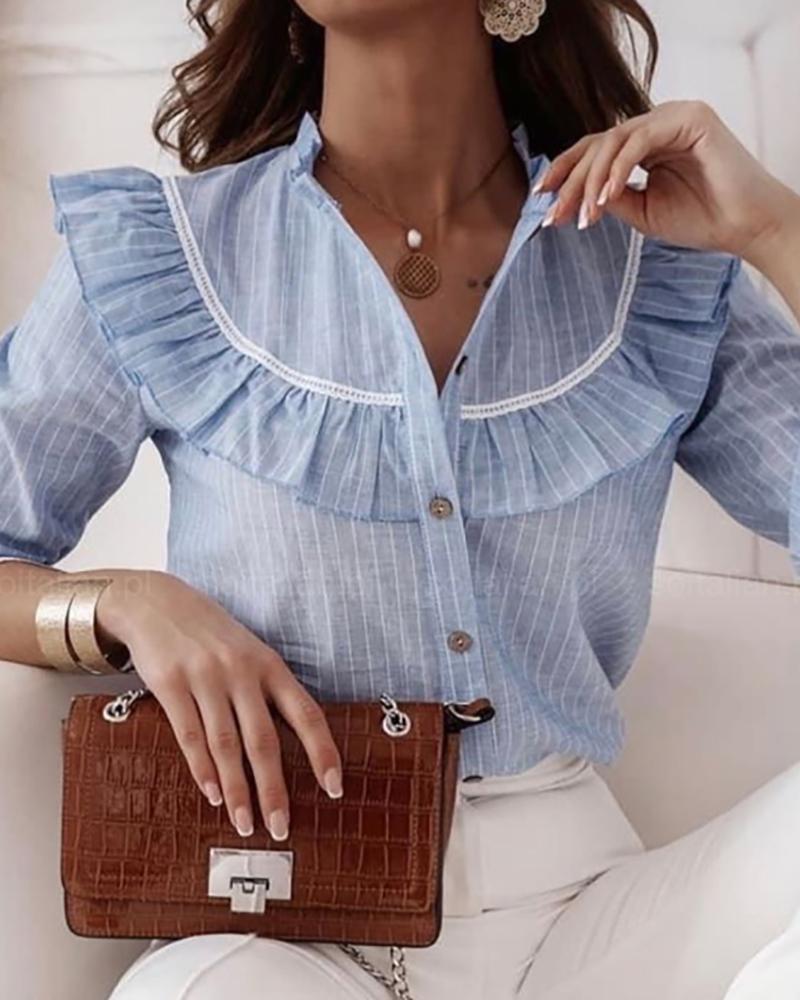 

Striped Print Frill Hem Button Design Top, Blue