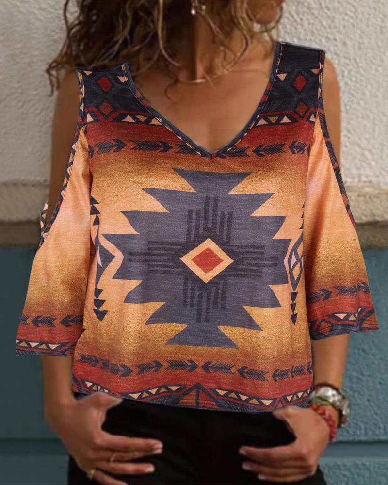 

Tribal Print Cold Shoulder Top, Coffee