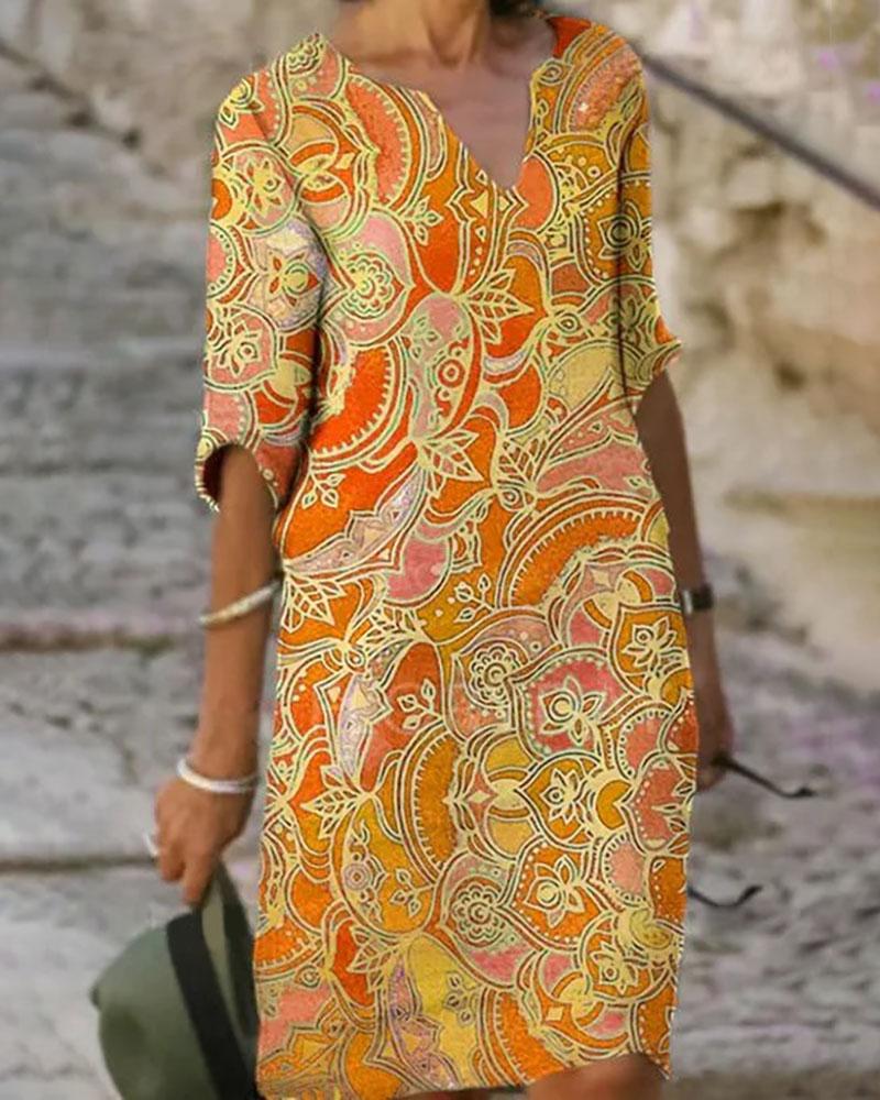 

Half Sleeve V-Neck Floral Pattern Print Dress, Orange