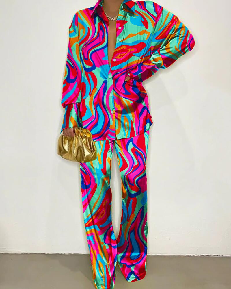 

Abstract Print Long Sleeve Button Down Shirt & Pants Set, Green