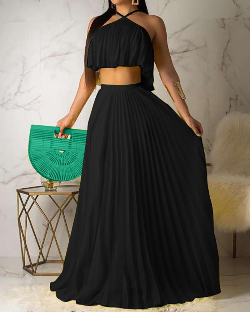 

Solid Sleeveless Cropped Tanks With A-line Pleated Loose Skirts Suit Sets, Black