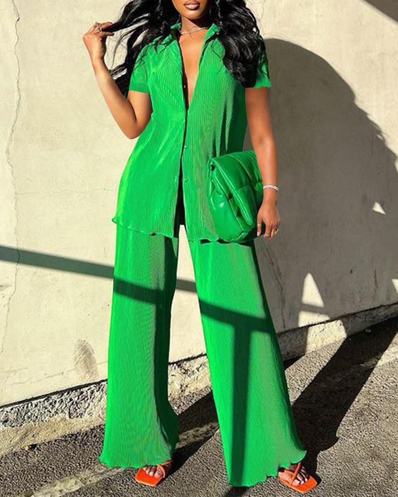 

Short Sleeve Button Down Shirt & Pants Set, Green