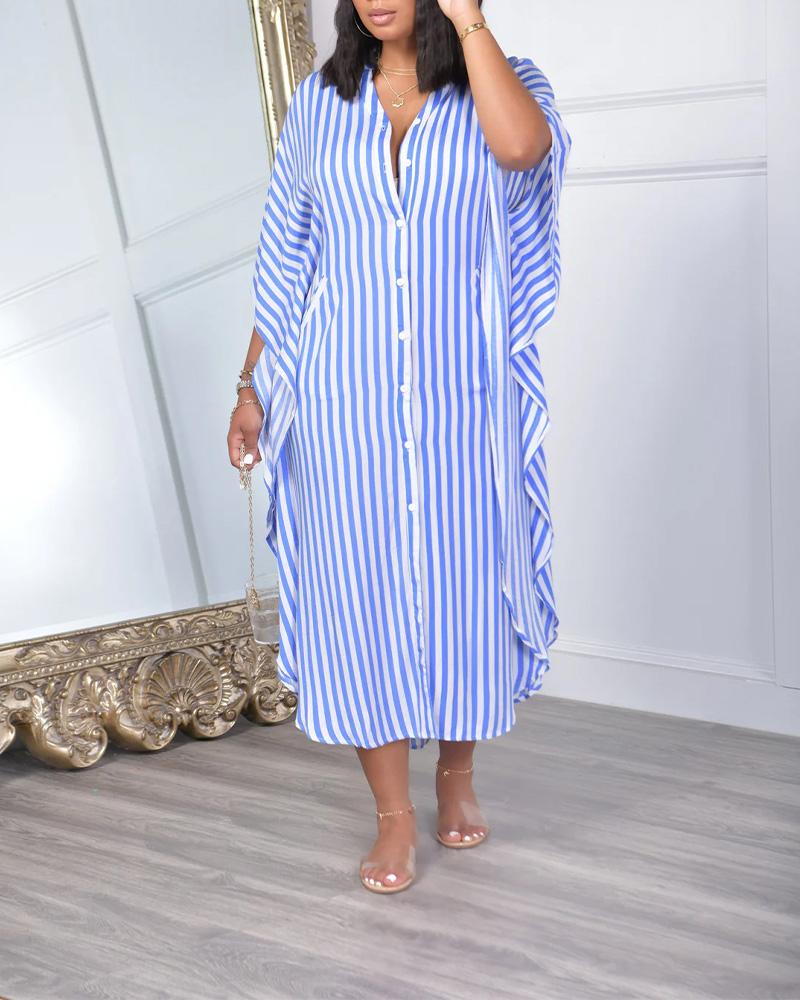 

Plus Size Striped Batwing Sleeve Shirt Dress, Blue