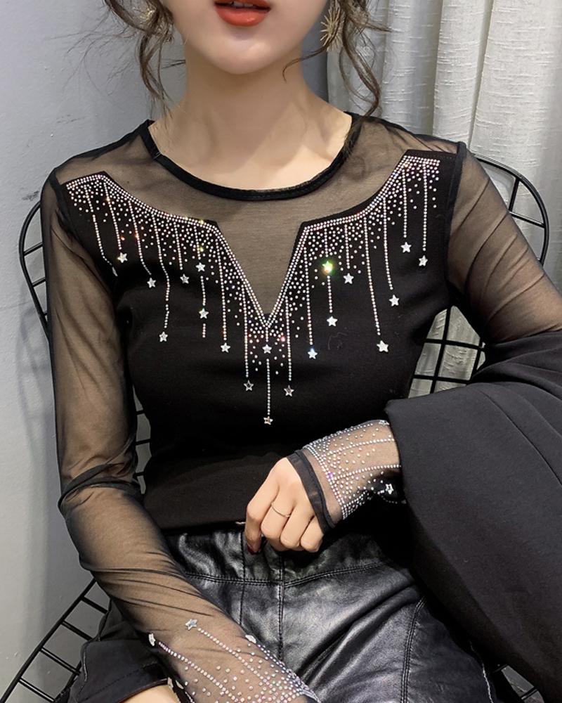 

Rhinestone Contrast Mesh Long Sleeve Top, Black