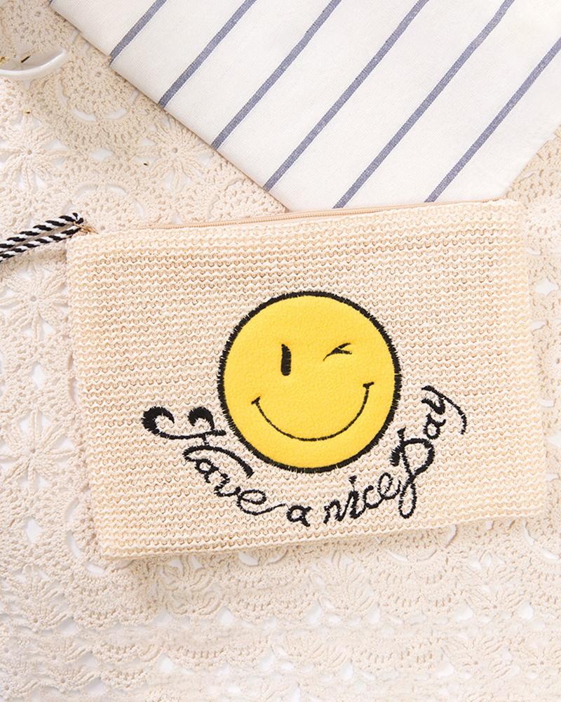 

Smile Letter Pattern Zipper Design Braided Clutch Beach Bag, Nude