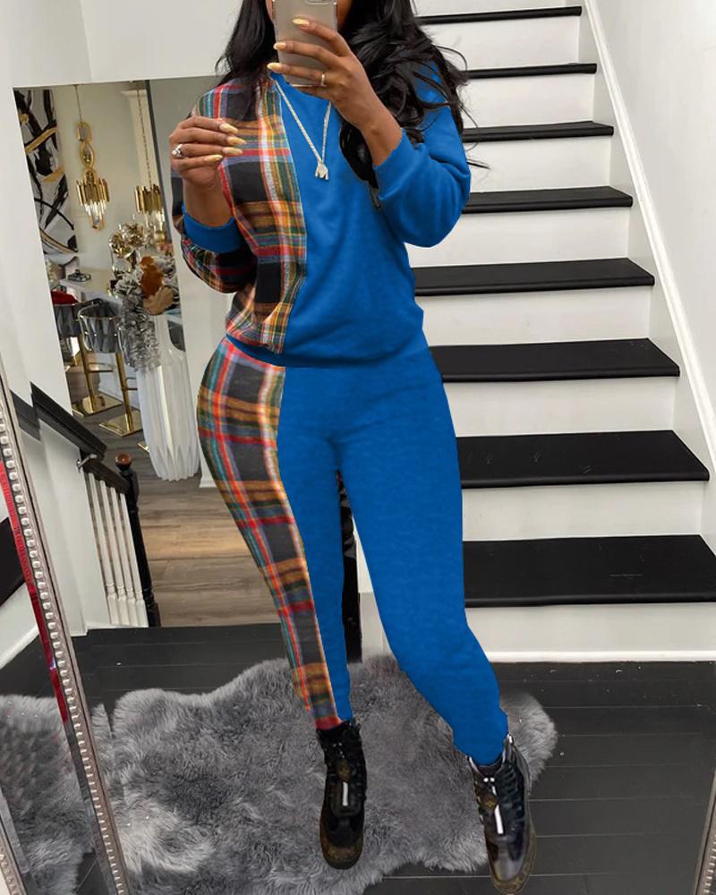 

Contrast Plaid Long Sleeve Casual Top & Pants Set, Blue