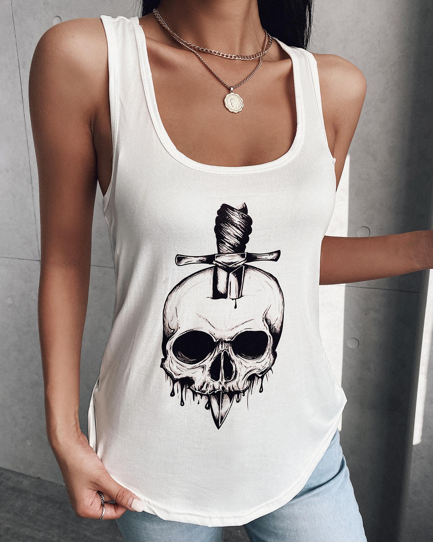 

Skull Print U Neck Tank, White