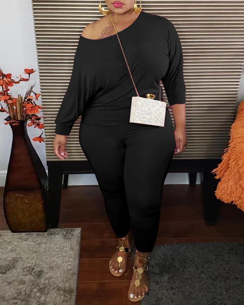 

Plus Size Long Sleeve Casual Top & Pants Set, Black