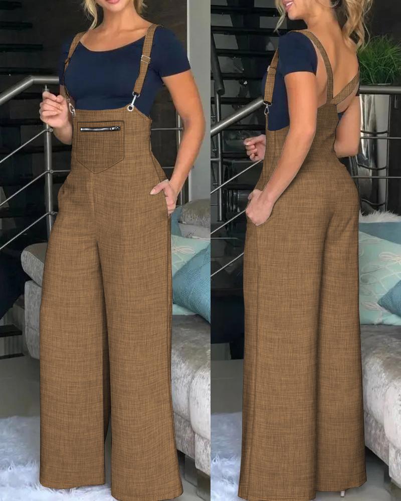 

Pocket Design Wide Leg Suspender Jumpsuit, Khaki