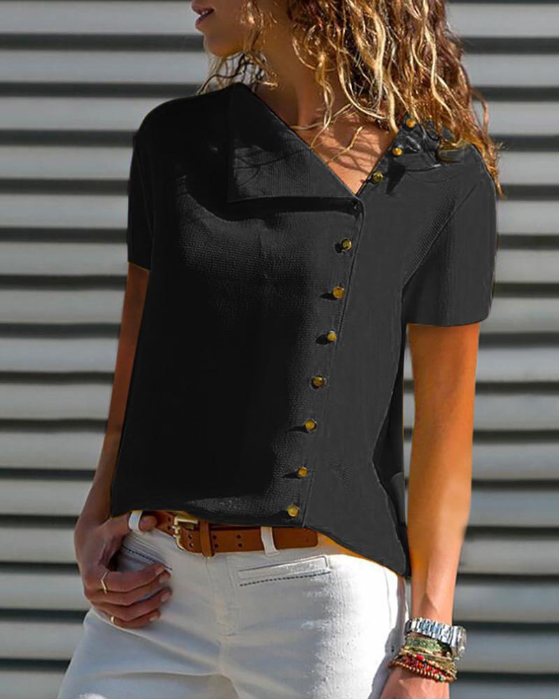 

Short Sleeve Buttoned Casual Blouse, Black