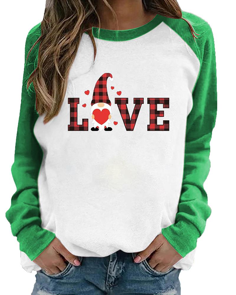 

Valentine' Day Colorblock Plaid Letter Heart Dwarf Print Top, Green