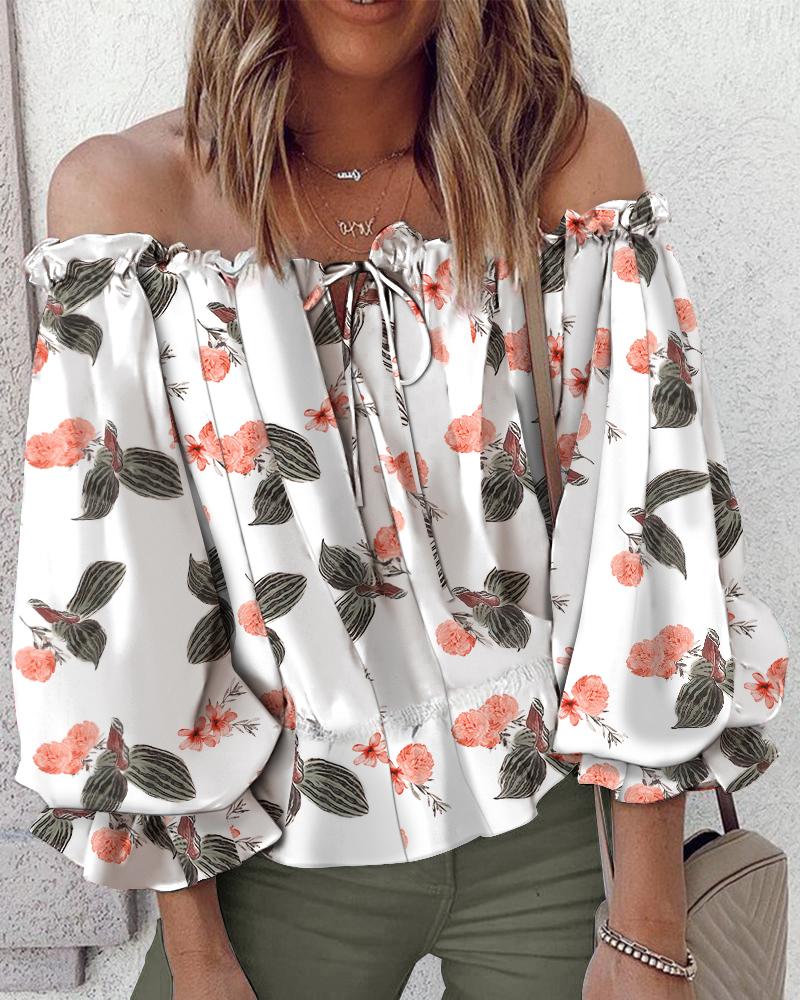 

Floral Print Off Shoulder Lantern Sleeve Top, White