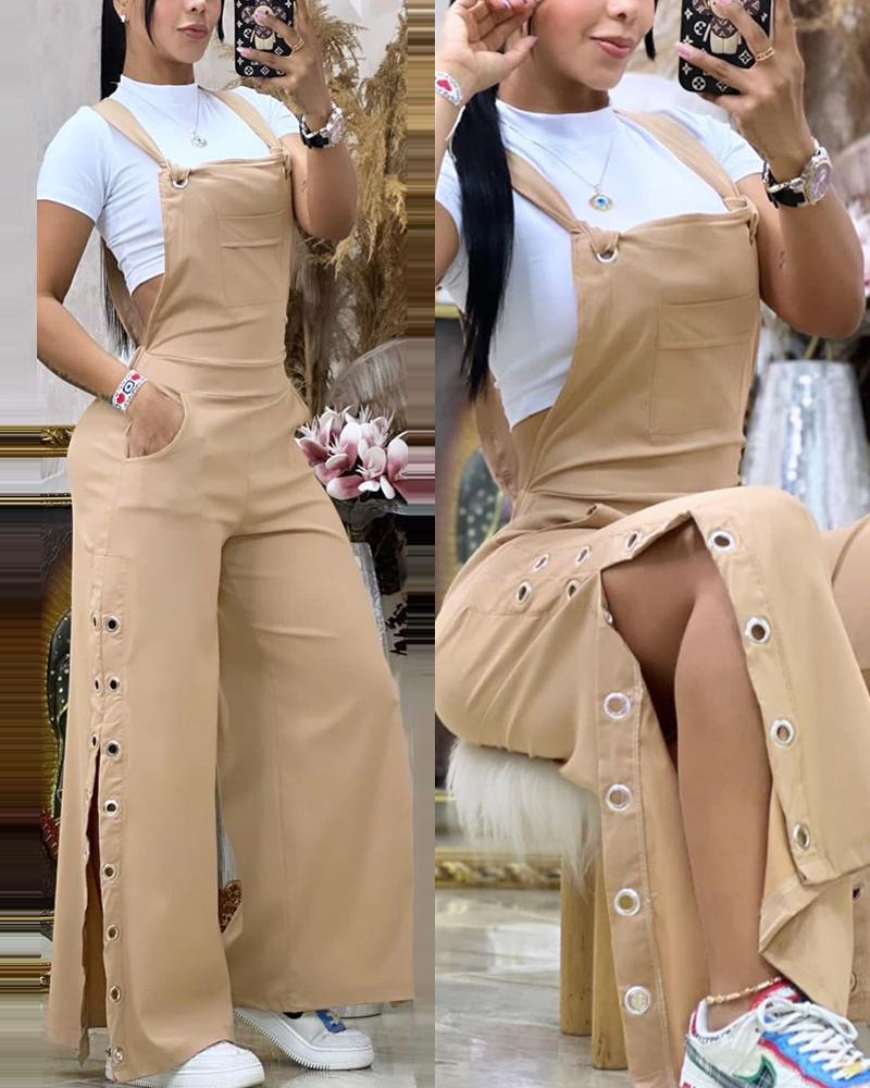 

Eyelet Slit Wide Leg Suspender Jumpsuit, Khaki