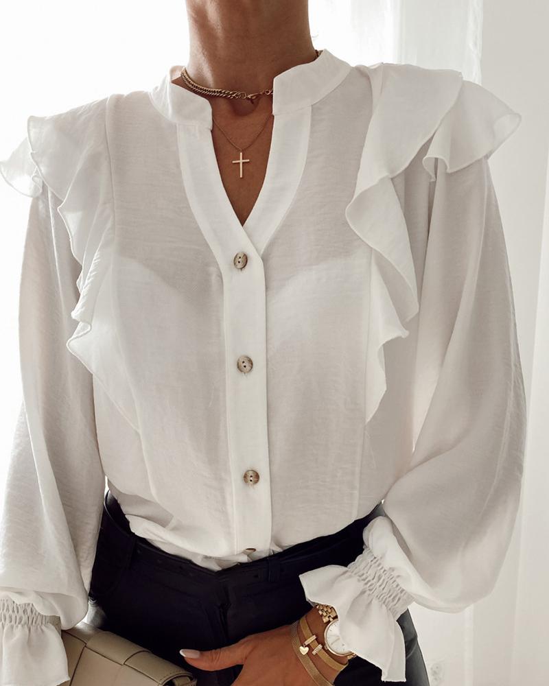 

Ruffles Button Design Bell Sleeve Casual Shirt, White