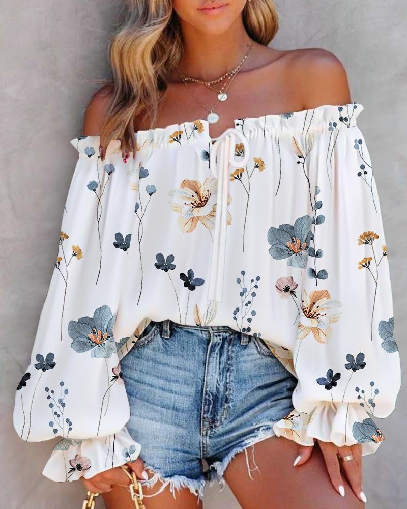 Floral Print Off Shoulder Lantern Sleeve Top